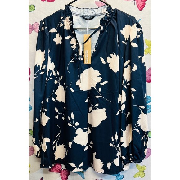 New Bloomchic Ditsy Floral Elastic Sleeve Tie Neck Blouse Navy Blue 14-16 NWT - Picture 1 of 3